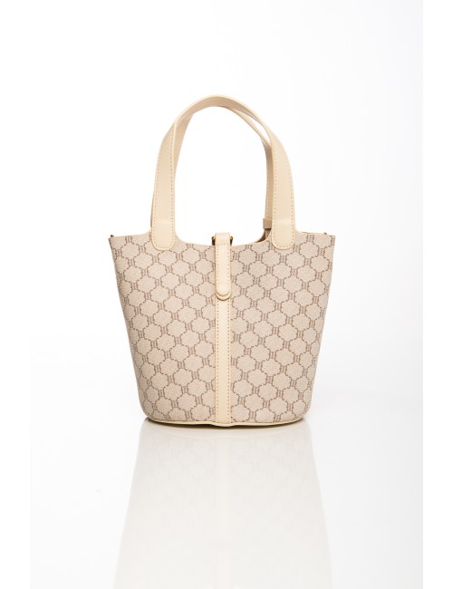 Cette image contient Sac à main seau beige à motifs avec pendentif cheval chez Joliesse. à 129,99 TND en Tunisie. L'hexa de l'ar