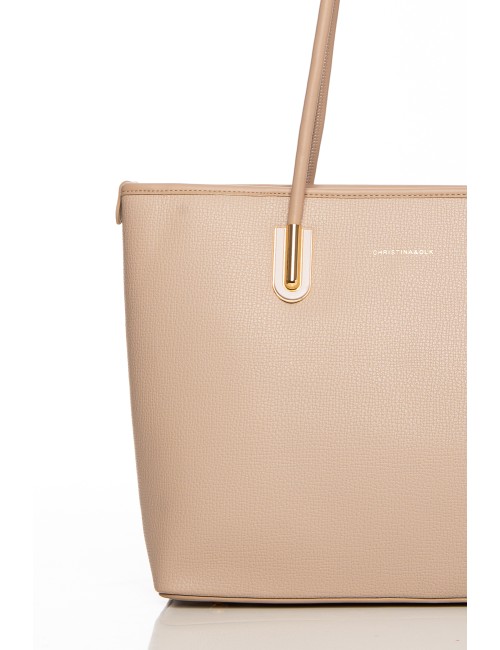 Cette image contient Sac cabas beige en simili cuir avec anses longues chez Joliesse. à 129,99 TND en Tunisie. L'hexa de l'arriè