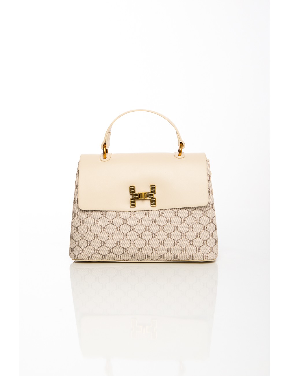 Cette image contient Sac à main structuré motif géométrique avec rabat crème et fermoir doré chez Joliesse. à 129,99 TND en Tuni