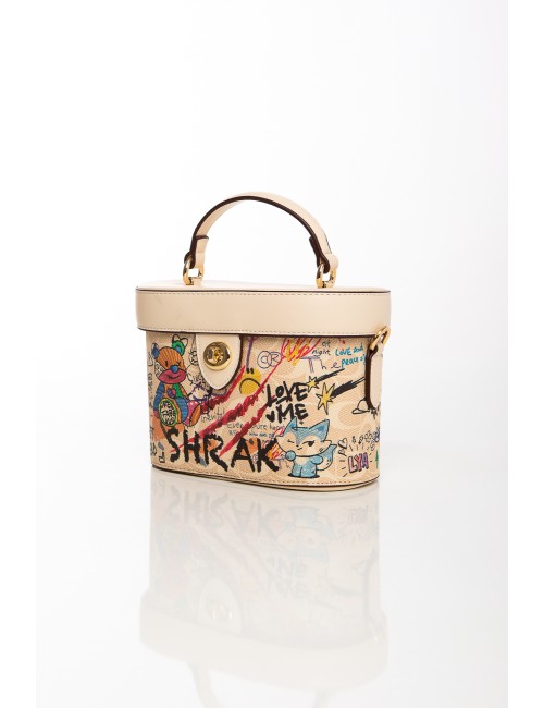 Cette image contient Sac à main boxy beige avec graffitis colorés chez Joliesse. à 129,99 TND en Tunisie. L'hexa de l'arrière pl