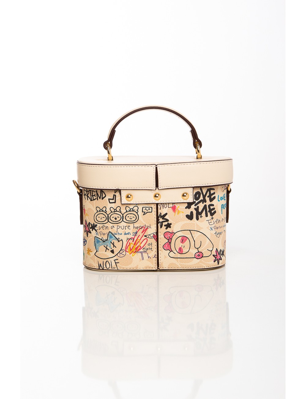 Cette image contient Sac à main boxy beige avec graffitis colorés chez Joliesse. à 129,99 TND en Tunisie. L'hexa de l'arrière pl