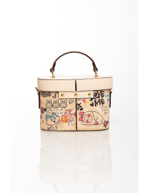 Cette image contient Sac à main boxy beige avec graffitis colorés chez Joliesse. à 129,99 TND en Tunisie. L'hexa de l'arrière pl