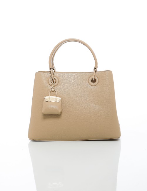 Sac à Main Beige Sable Grainé avec Mini-Charm Assorti