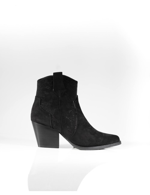 Bottines Western en Daim Noir à Détails Perforés Joliesse