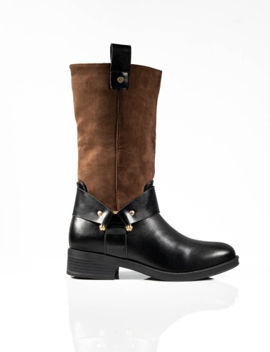 Bottes Cavalier Bimatière Noir et Marron à Détails Dorés Joliesse